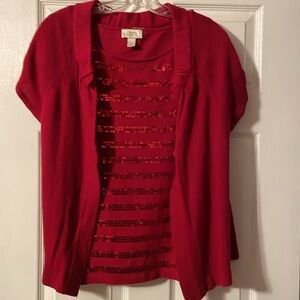 LOFT Red Sequin Short Sleeve Sweater